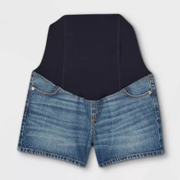 Size 2 NWT Maternity Midi Shorts Medium Blue Denim Crossover Panel - Picture 4 of 12